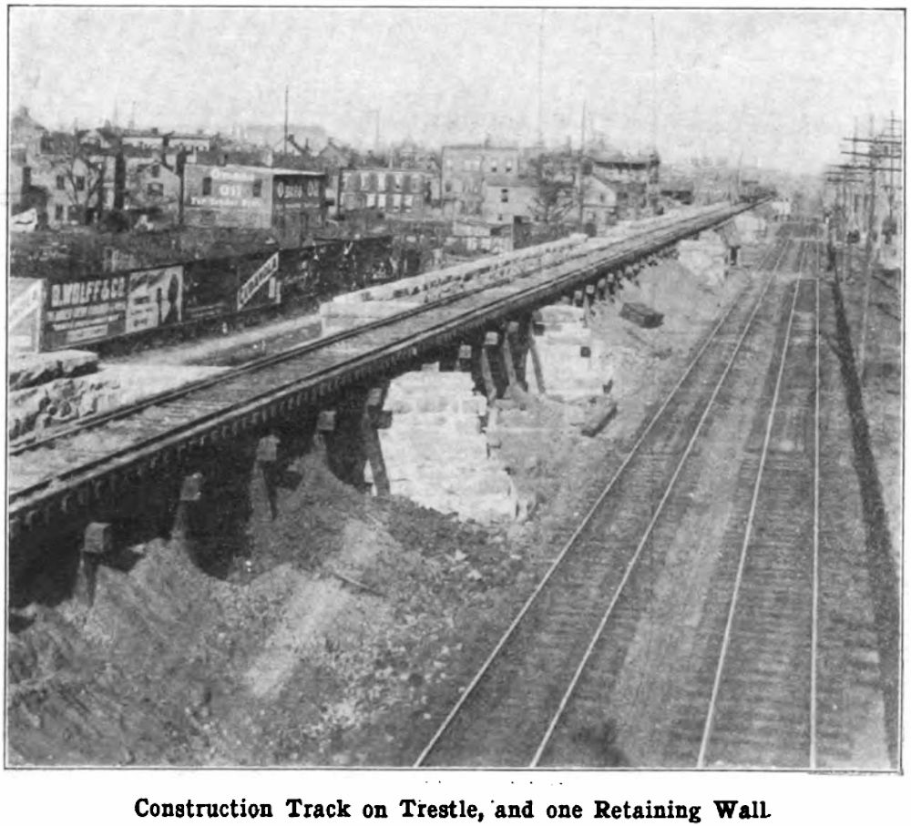 Construction Track on Trestle, and one Retaining Wall
Photo from Railroad Gazette May 6, 1904

