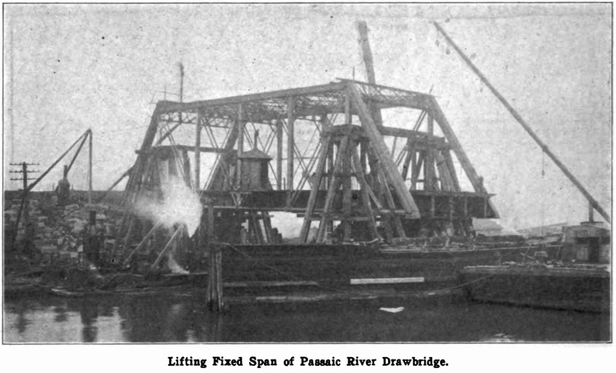 Lifting Fixed Span of Passaic River Drawbridge
Photo from Railroad Gazette May 6, 1904
